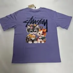 STUSSY Tシャツ Mバックプリント ネコ 人気デザイン パープルタグ付き