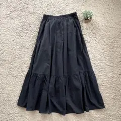【レイカズンフェバリ】ティアードロングスカート フレア ネイビー ウエストゴム
