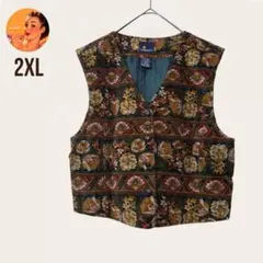 【USA古着】　コーデュロイベスト　花柄　総柄　ダークグリーン　クラッシック