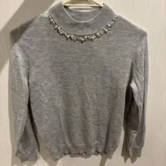 ビジュー グレー 薄手長袖ニットセーター パール