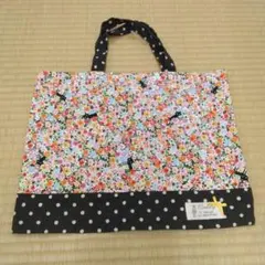 ハンドメイド 手提げバッグ 花柄 黒猫 ドット柄　スクールバック