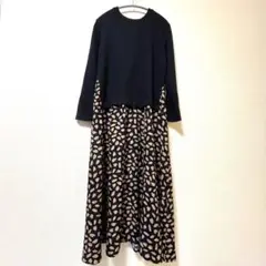XCHENG ネイビー 長袖 カットソー　ロングワンピース　ゆったり　大きめ