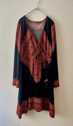 黒×オレンジ　エスニック柄　長袖　カシュクールチュニック　ミニワンピース