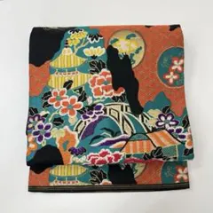 アンティーク名古屋帯 正絹 黒地 花 風合い良いデザイン 着物 HO-2237