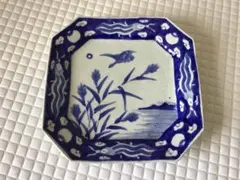 古伊万里 染付 宝図と線描き花図 八角皿/線書 線描 角切 隅切 銘有り