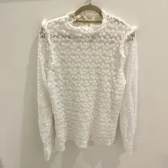 レース/総レース 長袖/花柄　白ブラウス ホワイト 美品