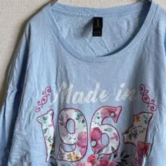 花柄 Tシャツ クルーネック半袖 ビッグ 2XL 水色 綿 お出かけ ゆるだぼのサムネイル