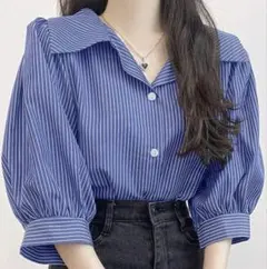 ストライプ五分袖シャツ　S