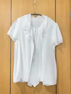美品☆リオマル シフォン天竺 ボウタイ フリル半袖バルーンブラウス L 白