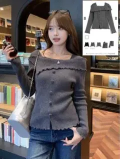 グレイル オフショルダーメロウリブニットトップスan1909 チャコール ロンT