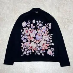 刺繍ハイネックニット M-L ブラック ウール100%