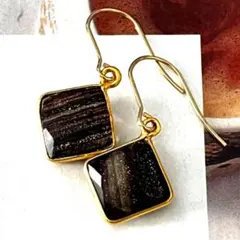1点作品☆ スクエア枠ブラウンコッパークォーツピアス　イヤリングに変更可能☺︎