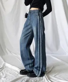 me+me select サイドラインステッチハイウエストワイドロングデニム M