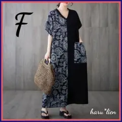 新品 体型カバー ワンピース ペイズリー柄 紺色 夏ワンピ マキシ丈 a