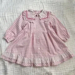 クーラクール　うさ耳　ピンク チェック柄 長袖ワンピース 90cm