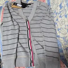 トミーヒルフィガー　グレー　ストライプ カーディガン PremiumCotton