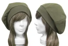 ハンドメイド◆リブ付ベレー帽(ゆったり)◆ジャガード織コットンニット／杢オリーブ