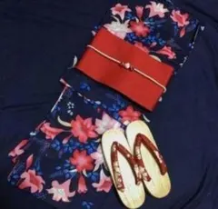 桃色系半幅帯+お任せ帯締めつき◆◆大人ゆかた◆古典紺■ユリの品ある花浴衣■