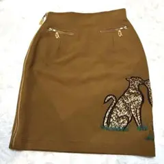 美品 伊太利屋 タイトスカート レオパード刺繍 ライトブラウン ゴールド金具