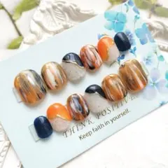 ネイルチップ マーブル オレンジ ネーブル 派手 個性派