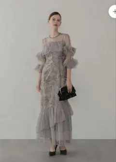 Leja フラワースパンコールチュールフリルスリーブIラインワンピースドレス