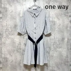 【one way】五分袖ミニワンピース ストライプ 白×紺 ウエストベルト M