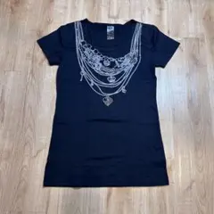 プリント半袖Tシャツ　ネックレス風　ビーズ　L　ギミック　アメカジ　カジュアル