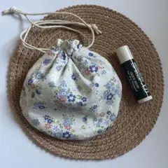 まんまる巾着◉花柄ブルー　刺繍入り