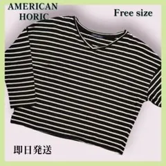 美品】AMERICAN HORIC黒白ボーダー長袖Vネックカットソー大きめフリー