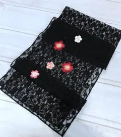 おアレース１ 桜刺繍レース帯揚げ　黒×赤　普段使い・夏用としても