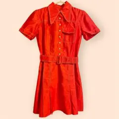 ヴィンテージ　ミニワンピース　昭和レトロ　 オレンジ色　裏地あり　ベルト付き
