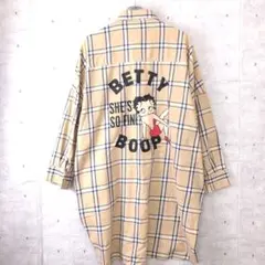 BETTY BOOP 古着 ベティちゃんプリント チェック柄 ロング丈シャツ