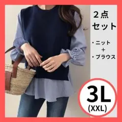XXL 3L新品 ブラウス ニット 2点セット 重ね着 大きいサイズ b19