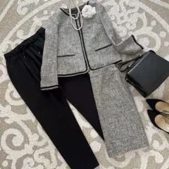 美品☆グリーンレーベルリラクシングノーカラーツイードジャケットパンツ　L〜XL