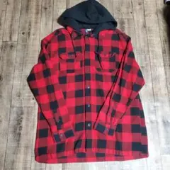 H&M フード付き赤黒チェックシャツ　ジャケット　コート