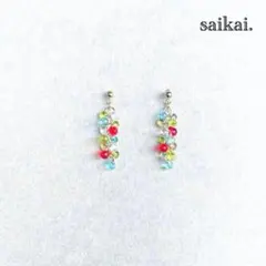 [778]小さなティアドロップの小ぶりピアス レッド ライトブルー ハンドメイド