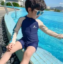 ベビー キッズ長袖スイムウェア 95cmネイビー スイムキャップ付き 子供用水着