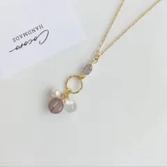 オーバルガラスとアンティーク調ビーズのネックレス(パープル)*ハンドメイド