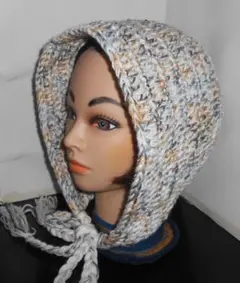 １点物＊バラクラバ春秋冬 ニット帽＊ ハンドメイド手編み＊ホワイト／段染め