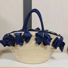 ネイビーリボン付き　カゴバッグ