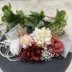 ドライフラワー髪飾り　結婚式成人式卒業式七五三髪飾り　ホワイトレッドリボン水引き