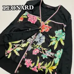 349★ レオナール　長袖カーディガン　綿100% Vネック　花柄　M
