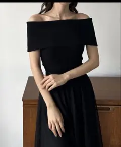 ブラック オフショルダー ニットトップス