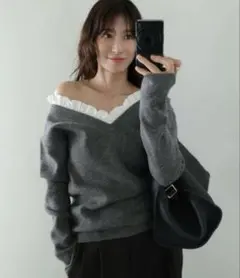 CLANE FRILL V NECK KNIT TOPSグレー2サイズ新品