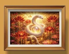 運命を照らす聖なる白蛇　富と繁栄をあなたへ　額縁付き開運グラフィックアート