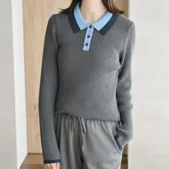 [新品]しまむら MUMUリブ編み長袖ポロシャツ LL