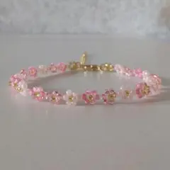 ビーズブレスレット 花 ライトピンク×ピンク×ゴールド フラワー 桃色 桜