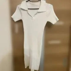 ホワイト ポロカラー 半袖ニットワンピース M