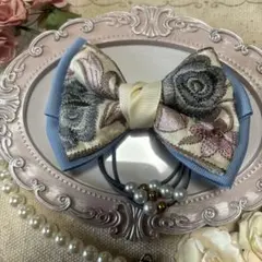 ハンドメイドシュシュM-4323♡サックスジョーゼット♡インド刺繍リボン