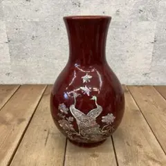 昭和レトロ 螺鈿細工 花鳥 木製 木目 古美術 花瓶 花器 花入れ 花立 花生け